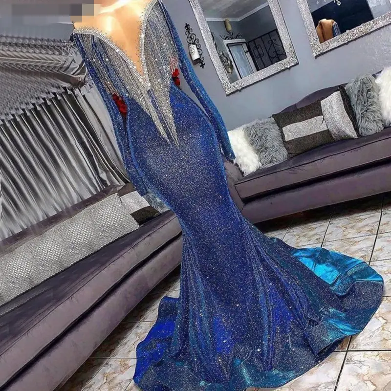 Luxury Blue Tassel Beading Evening Dress - Mermaid Long Sleeves