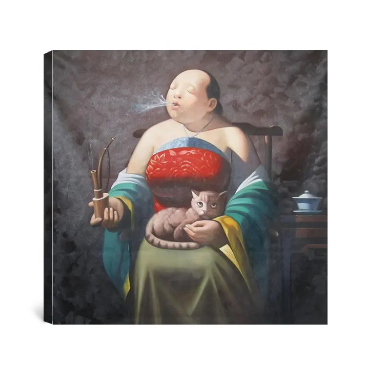 Handpainted fat sex chinese smoking woman portrait canvas oil painting for wall decoration