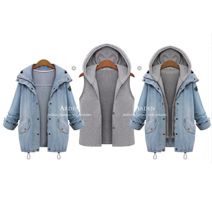 Fábrica barato mujeres invierno manga larga <span class=keywords><strong>Amazon</strong></span> 2 unidades cremallera Sudadera con capucha chaqueta de mezclilla - Product Image 3