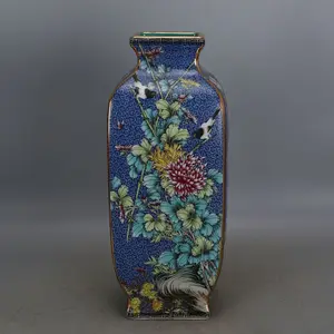 Jarrón azul de cerámica con diseño de pájaro y flor, porcelana rosa, estilo oriental, antiguo, pintado a mano