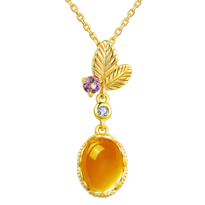 Amber Pendant Long 100%Natural Gemstone 925 Sterling Silver 7x9mm Oval Yellow Citrine Necklace S925 For Women NI010