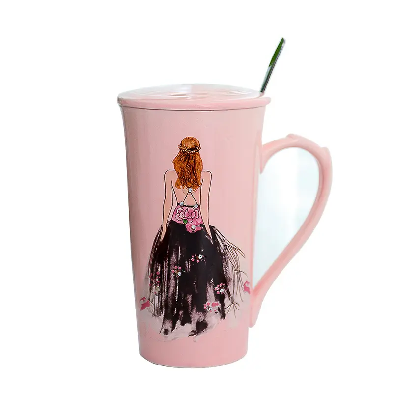 Zogifts creative wedding dress hand-painted beauty pink ceramic cup with lid and spoon