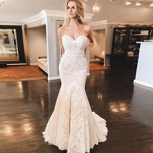 5332 # Strapless 연인 레이스 아플리케 Bodycon 인어 트럼펫 민소매 코르셋 오픈 백 이브닝 웨딩 드레스 신부 가운