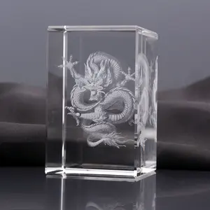 Pujiang 3D 레이저 새겨진 드래곤 크리스탈 큐브 3D 레이저 에칭 크리스탈 조각 드래곤 생일 선물