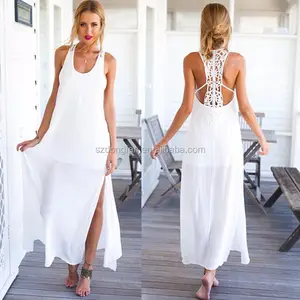 Женское кружевное платье, белое длинное пляжное платье для подростков, лето 2016