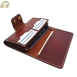 Gift idea high end vegetable tanned leather women wallet long purse with shoulder strap