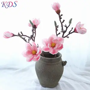 Flor artificial de seda de tacto real, flor artificial de tres cabezas, magnolia individual, para boda, decoración de jardín interior