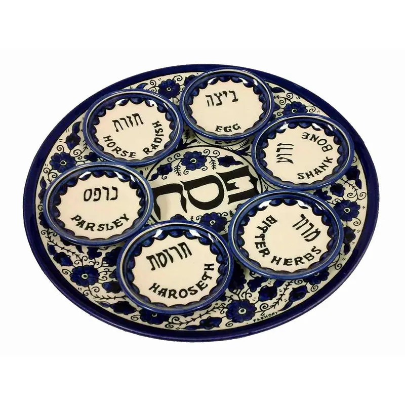 For Pesach food ceramic blue and white Passover Seder Plate