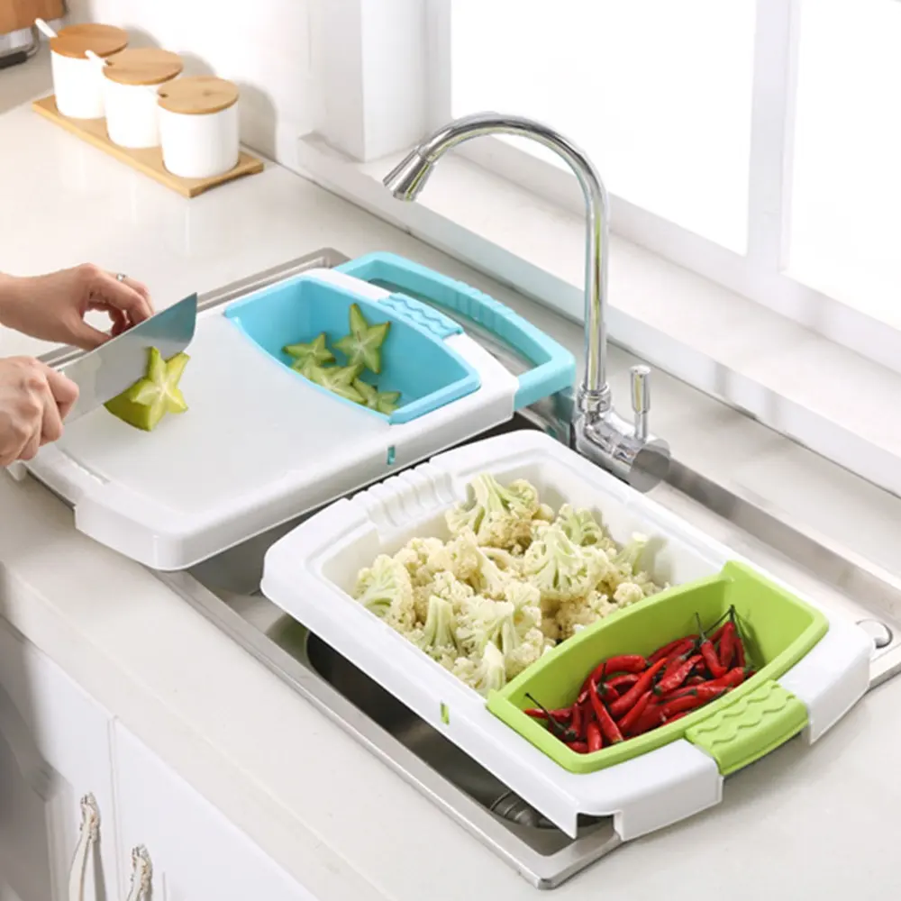 Mutfak yeni tasarım yaratıcı çok fonksiyonlu kesme tahtası su drenaj depolama sepeti plastik kesme tahtası süzgeç ile