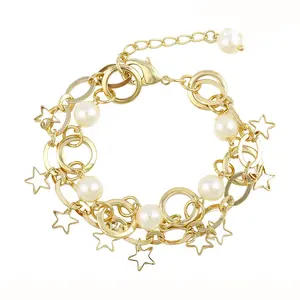 74432 new design de moda jóias 14k ouro grande estrela pulseiras de pérolas