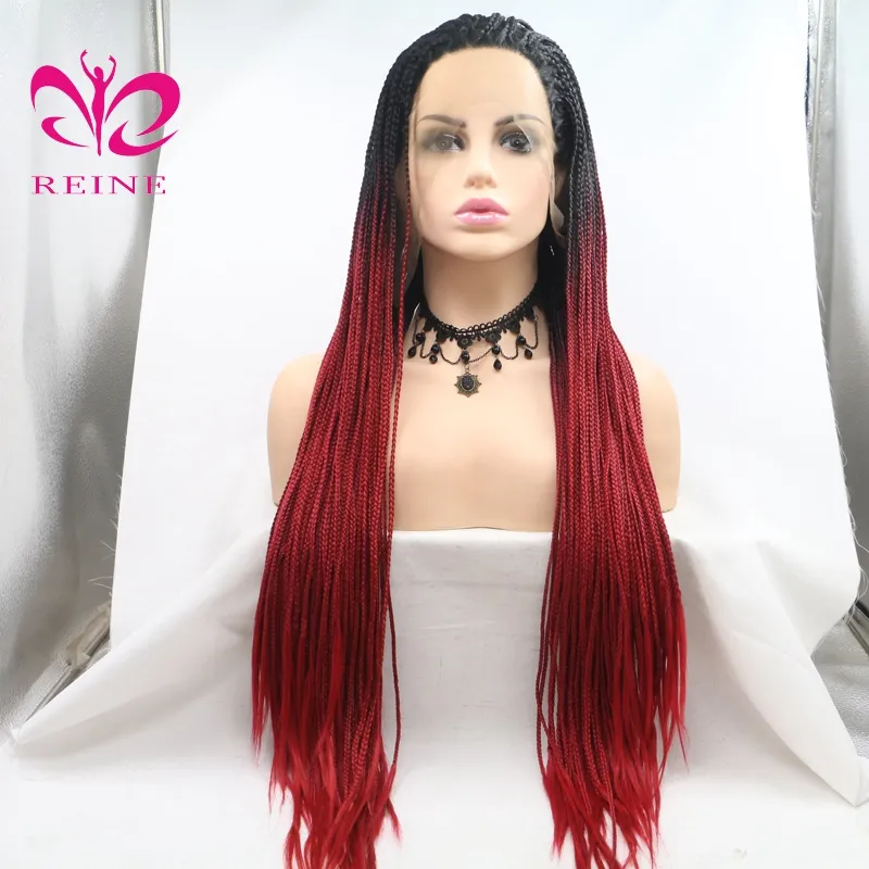 African American full box braided ombre synthetic lace front wig 1b red box braid synthetic wig for black women