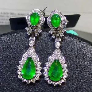 France elegant style gemstone jewelry 18k gold South Africa real diamond 1.2ct natural vivid green emerald pendant earring