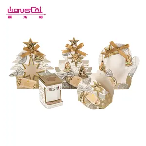 Único Santa forma guante dorado impresión papel plegable caja de regalo de Navidad