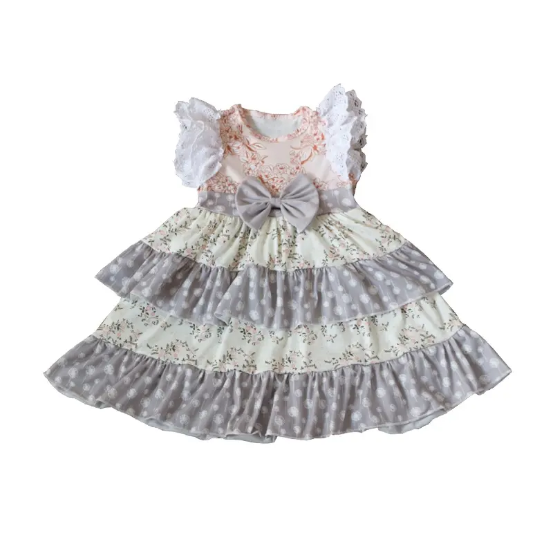 Ropa de Boutique para niños, vestido para bebé americano, vestido moderno para fiesta para niña, vestidos con Mangas onduladas y volantes para niña