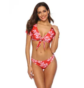 女式游泳套装中式结在胸前红色花卉印花比基尼短袖