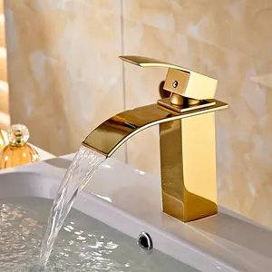 ROVATE gold water fall bathroom basin faucet wide mouth golden free standing basin mixer faucet faucet stainless steel