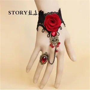 elegant wedding lace rose flower rhinestone beaded cuff hand finger chain link ring slave bracelet