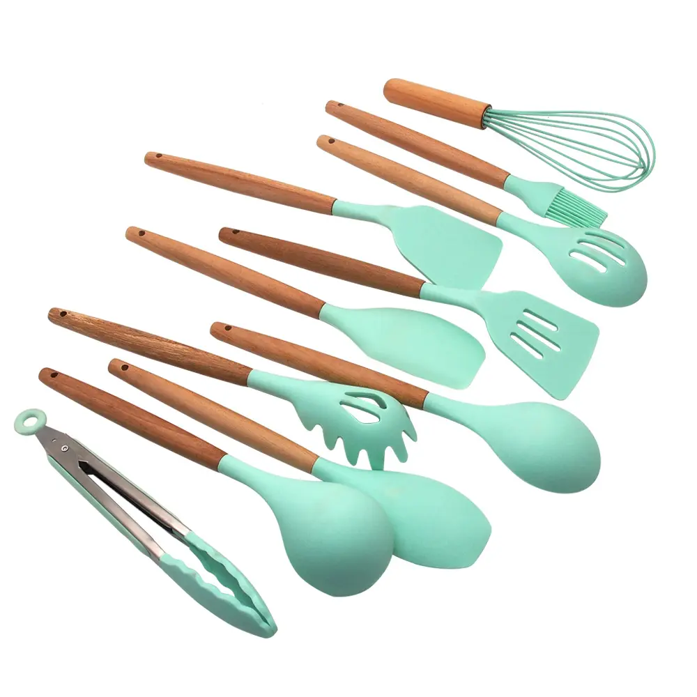 2021 New home products green 11 pieces kitchen utensils wood handle silicone cooking utensil set