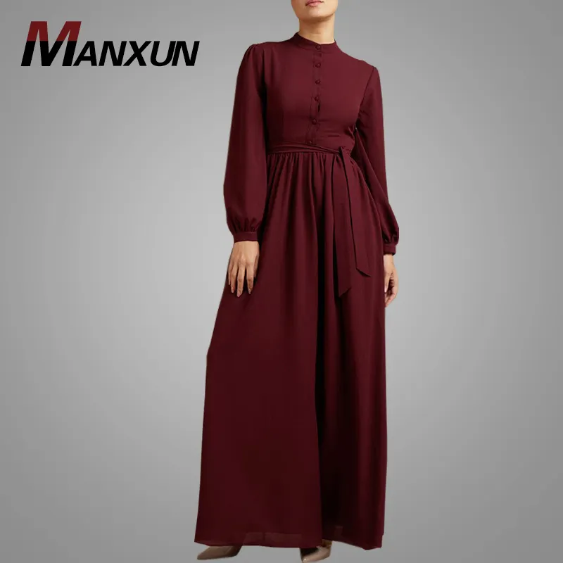 モダンなホット販売シンプルなスタイルのイスラム教徒のドレスボタンデザインファッションイスラム女性服マルーンアラブアバヤ女性のためのファッション