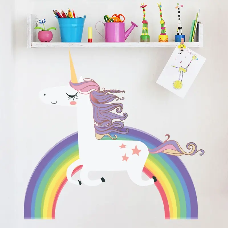 유니콘 벽 스티커 다채로운 동물 말 별 데칼 어린이 소녀 방 Waterpaper 무지개 벽화 홈 장식