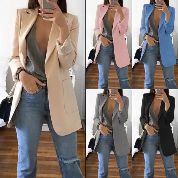 New Women Thin Blazer Office Lady Lapel Long Sleeve Coat Suit Slim Cardigan Solid Color Jacket Casual Tops