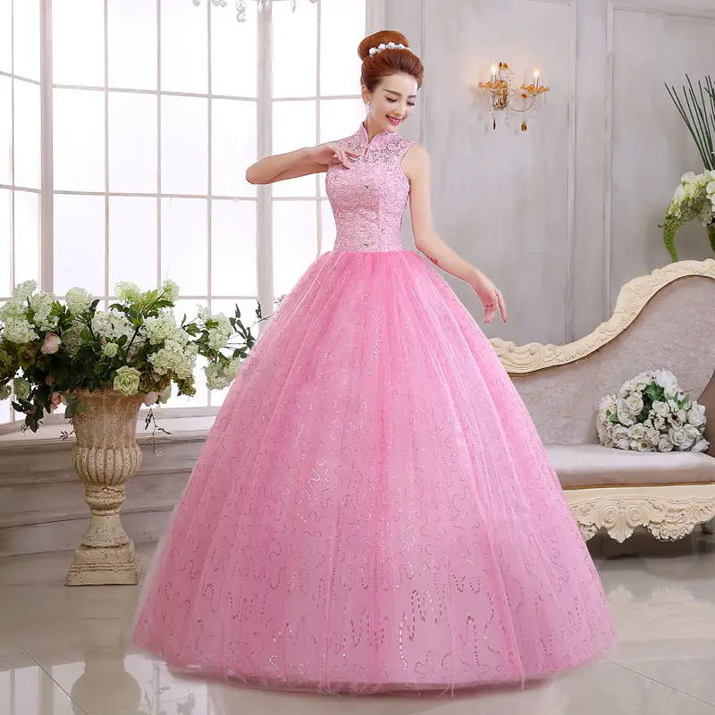2018 Rosa cuello alto de encaje princesa vestido de noche de sexo novia bola vestido boda vestidos