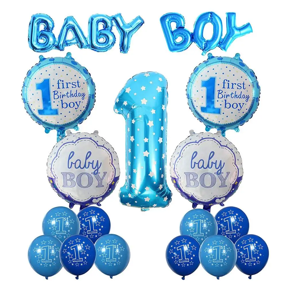 Umiss Baby Boy 1st Birthday Balloons Set Shower Photo Props Party Supplies Number 1 Round Heart, Blue Decoration