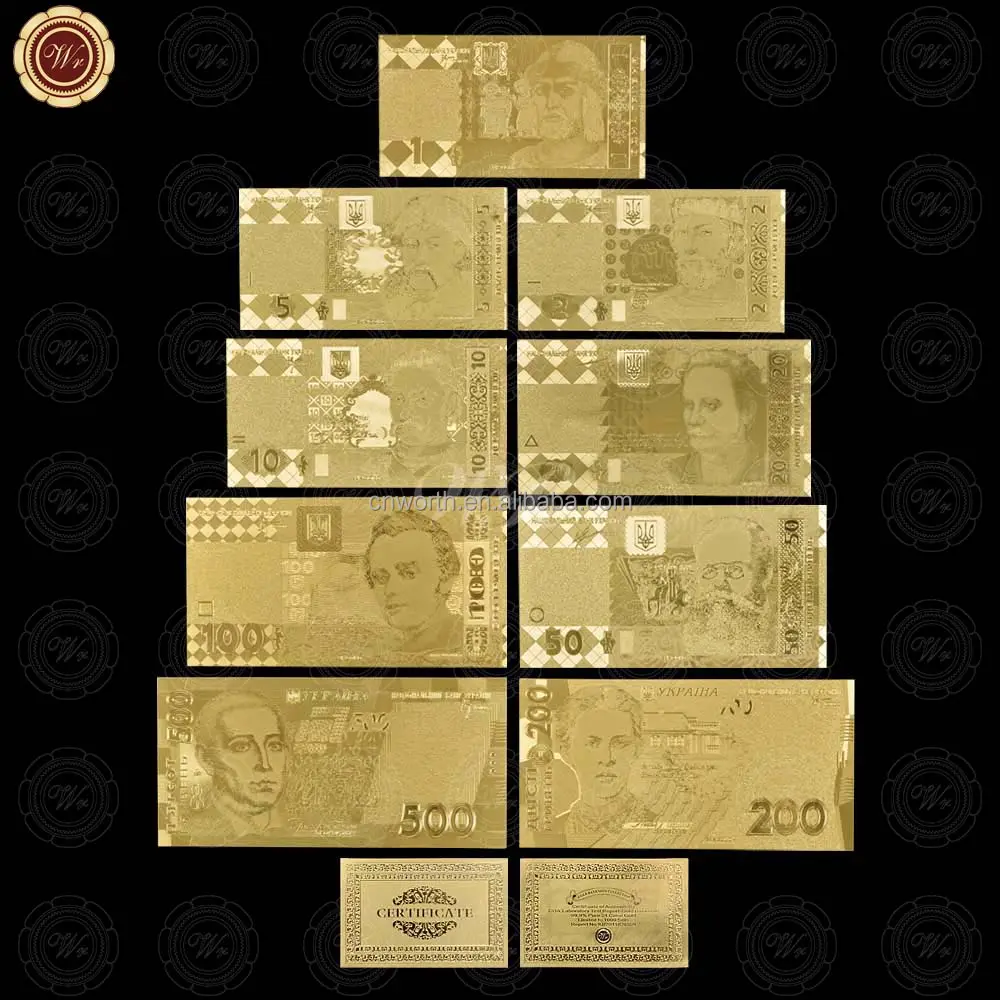 Wr 24kt Set Uang Kertas Emas Ukraine Pantofel 9 Buah 1-500 Catatan Uang Kertas dengan Sertifikat GRATIS