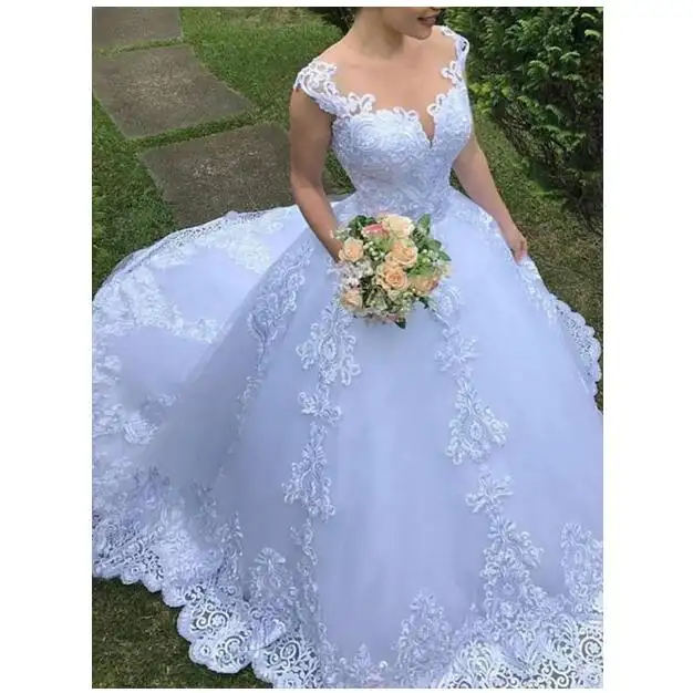 Phong Cách Mới Trắng Ngắn Tay Áo Cộng Với Kích Thước Bóng Gown Court Train Appliques Ren Wedding Dresses MWA442