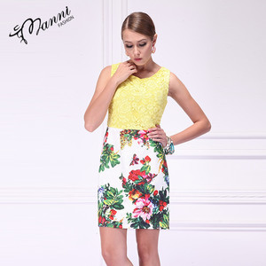2018 nuevo estilo <span class=keywords><strong>amarillo</strong></span> gasa <span class=keywords><strong>vestido</strong></span> <span class=keywords><strong>de</strong></span> impresión floral patchwork primavera casual sundress sin mangas señoras vestidos - Product Image 3