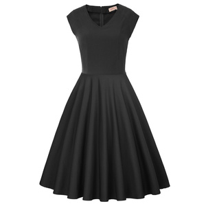 BP000586 <span class=keywords><strong>Belle</strong></span> <span class=keywords><strong>Poque</strong></span>-vestido Retro acampanado de manga corta y cuello en V para mujer, Color negro Vintage - Product Image 1