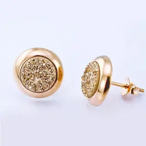 Simple Style Gold Plated 925 Sterling Silver Jewelry Bezel-set Round Druzy Stud Earrings