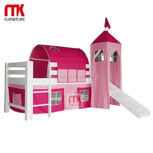 Best selling crianças cama de pinho cama da cabine Meados dorminhoco cama do sotão com tenda