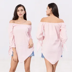 Toptan modal uzun kollu son pembe streç bayanlar kapalı omuz bluz moda tasarımlar