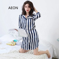 Hotsale Sọc Đỏ T Áo Sơ Mi Sexy Polyester Nightshirt Đối Với Phụ Nữ Satin Sọc Áo Sơ Mi Ăn Mặc Đêm