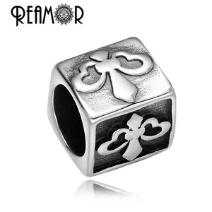 REAMOR Punk Style 316L en acier Inoxydable Fleur D'iris Cylindre Grand Trou Perles de Charmes pour Bijoux Faisant Des Hommes Bracelet Perles