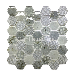 De alta calidad de la decoración de la pared 3D de inyección de tinta de impresión de patrón gris forma hexagonal de 4mm de <span class=keywords><strong>cristal</strong></span> de mosaico de vidrio - Product Image 1