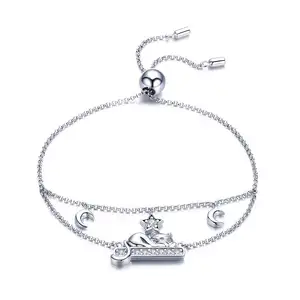 BAGREER-pulsera de plata de primera ley con forma de gato para mujer, brazalete ajustable, plata esterlina 925, forma de Luna y Estrella, SCB129