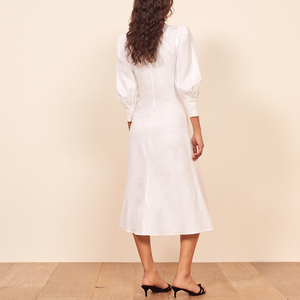 Nuovo Arrivo di <span class=keywords><strong>Lino</strong></span> Bianco Profondo Scollo A V A Maniche Lunghe UNA Linea Montato <span class=keywords><strong>Midi</strong></span> Dress - Product Image 4