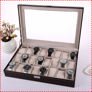 Boîte <span class=keywords><strong>de</strong></span> <span class=keywords><strong>rangement</strong></span> pour montres à bracelet pour <span class=keywords><strong>homme</strong></span> en cuir PU noir à 24 emplacements Grande capacité avec couvercle en verre - Product Image 5