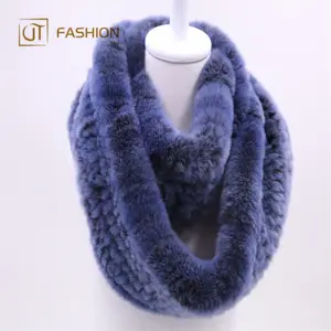 Wholesale Jtfur Winter Women Warm Rex Rabbit Fur Shawl fur scarf dyed Knitted Real Fur Scarf