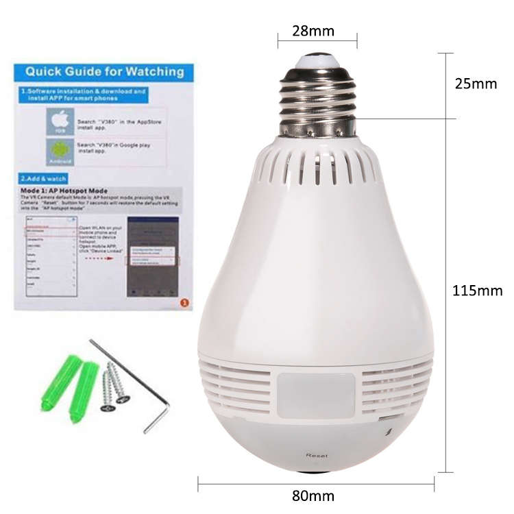 Bombilla de luz de seguridad para el hogar, cámara panorámica de ojo de pez HD 1080P, Audio de dos vías, Wifi, lámpara