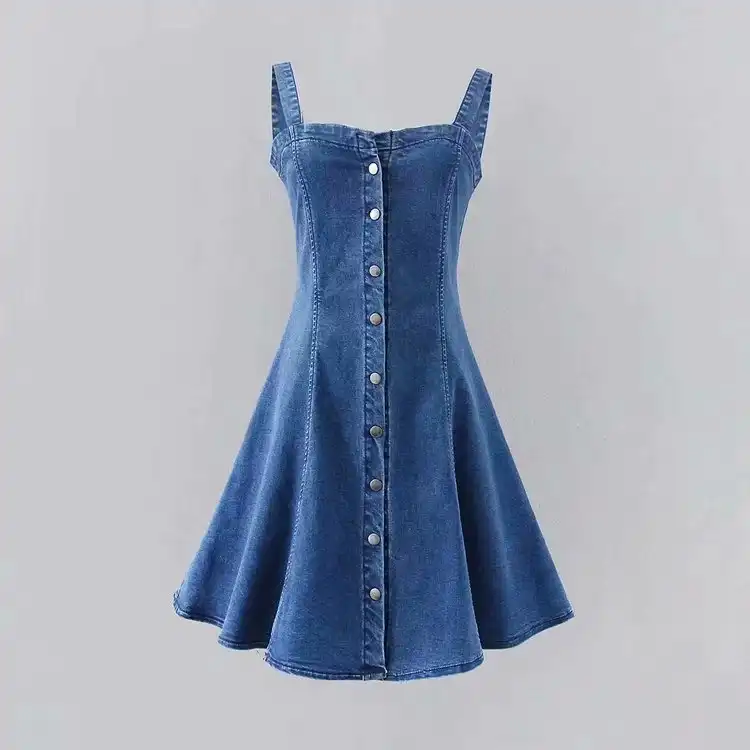 Yüksek moda tasarım slim fit düğme mavi renk spagetti kayışı kadın kot elbise