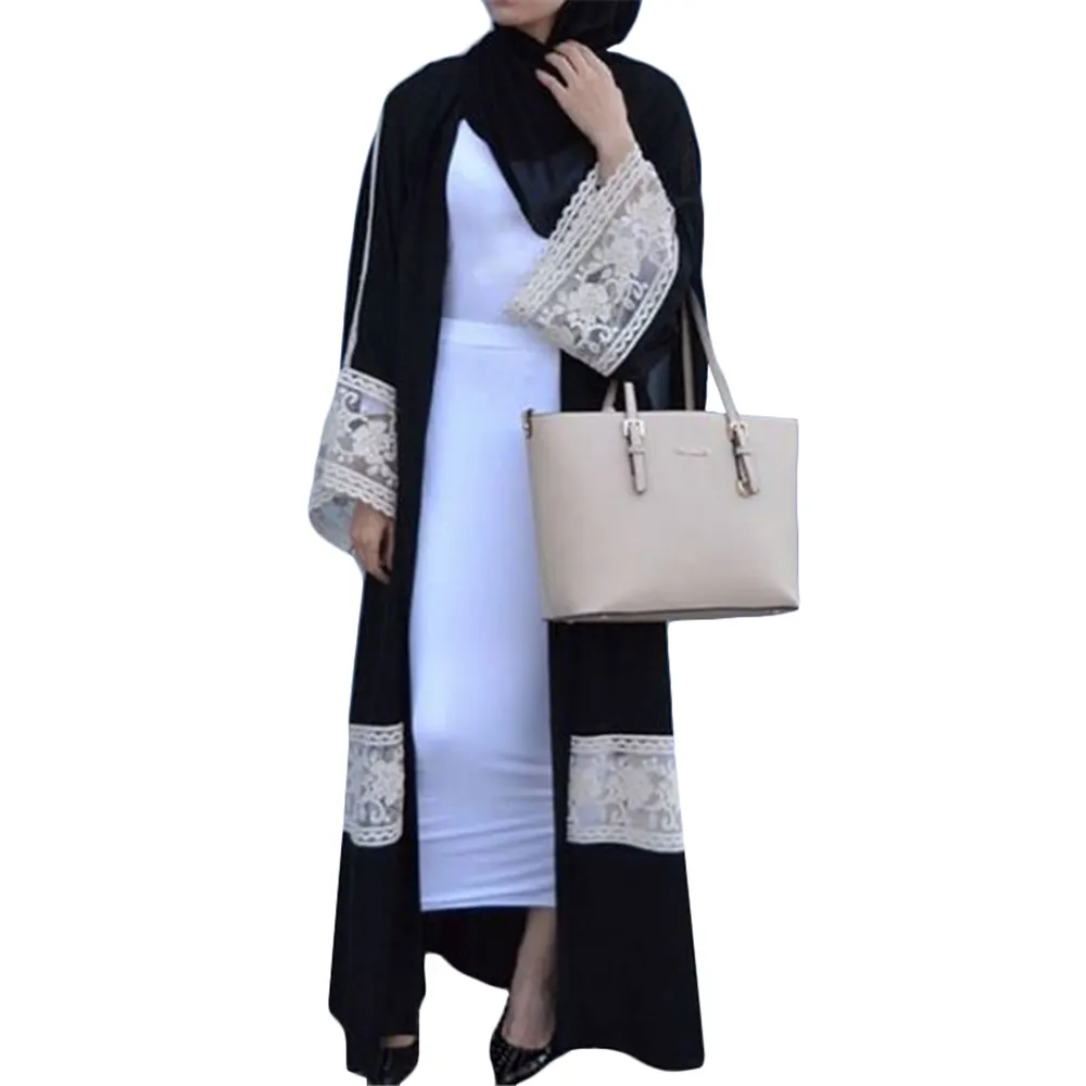 Latest burqa design dubai open abaya with belt top quality maxi jubah kimono islamic ladies wear black dubai lace open abaya