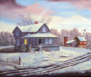 Casa de madera en <span class=keywords><strong>la</strong></span> cubierta de <span class=keywords><strong>nieve</strong></span> paisaje en lona pintura sensación de navidad decoración de <span class=keywords><strong>la</strong></span> pared - Product Image 1