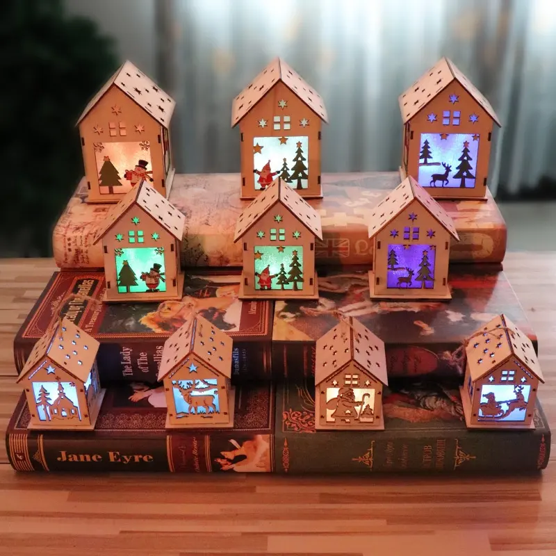 MサイズFestival LED Light Wood House Christmas Tree Hanging Ornaments Nice Xmas木Decoration