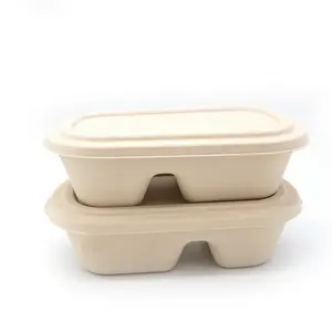 Food Grade 2 Compartiment Bamboe Lunchbox Hot Selling Opslag Wegwerp Bamboevezel Voedsel Container
