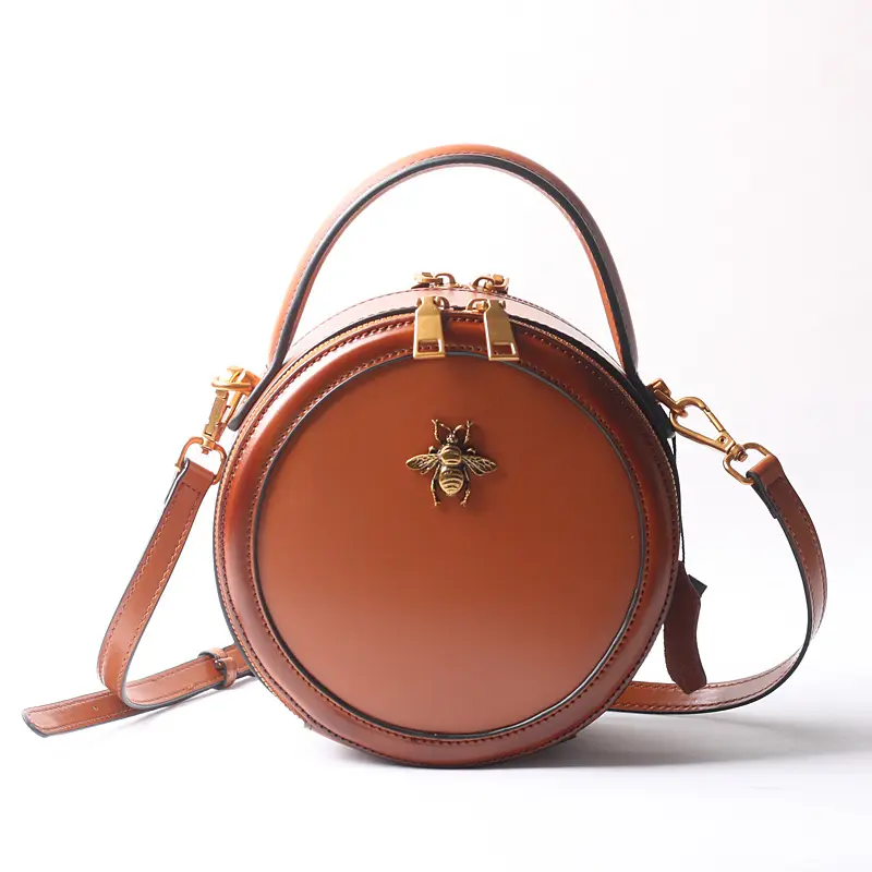 Designer Luxury Bee Genuine Leather Round Bag Fashion Cute Vintage Circular Shoulder Bag Crossbody Mini Bag