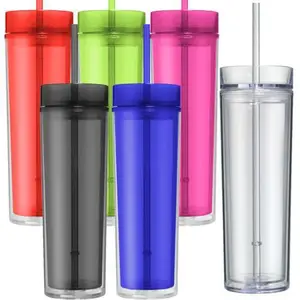 Tumbler Akrilik 16Oz dengan Tutup dan Sedotan, Tumbler Plastik Bening Dinding Ganda, Tumbler Terisolasi 100% Bebas BPA