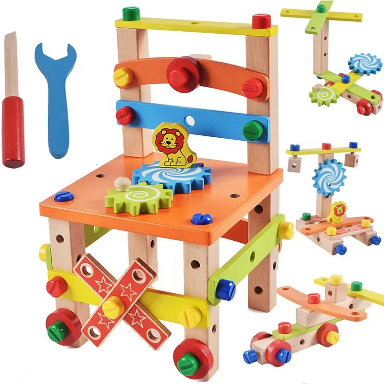 kids pretend toys mainan anak Wholesale Kids Wooden DIY Nut Screws Tools Assemble wooden chair toy